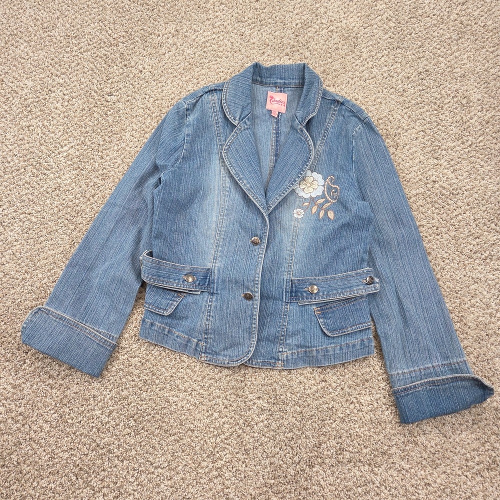 Vintage Y2K Candies Denim Jean Jacket Juniors Size XL Floral Embroidered